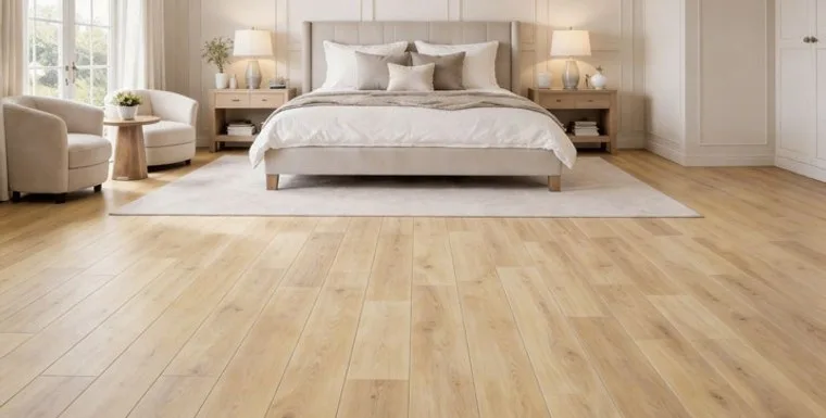 Wood flooring in a bedroom with an upholstered bed and a rug