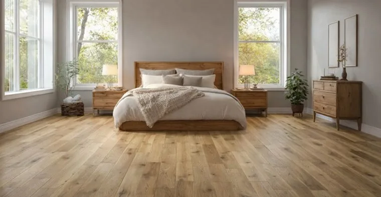 Wood flooring in a bedroom with a wooden bed and bedside tables