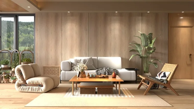 Wood flooring in a living room with a white sofa and a wooden coffee table