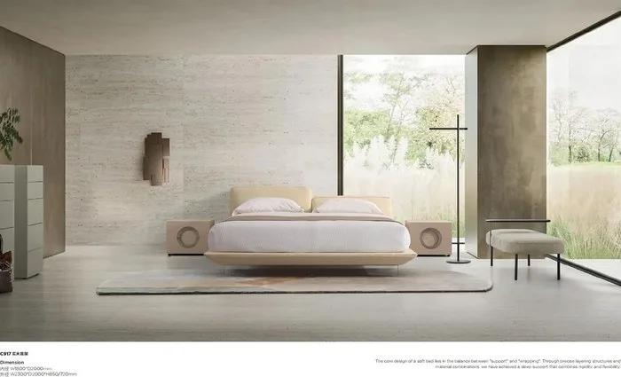 Bedroom with a low floating bed, side tables and a floor lamp
