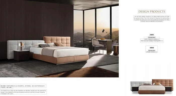 Bedroom with a two-tone upholstered bed, a dark wood nightstand and a desk