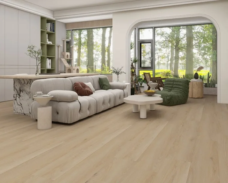 Living room with a beige tufted sofa and a green corduroy beanbag chair