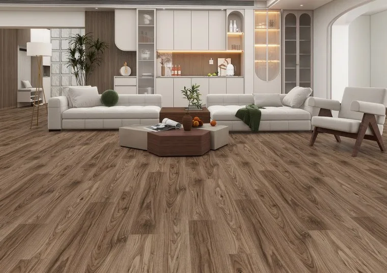Living room with two white sectional sofas and built-in kitchen cabinetry