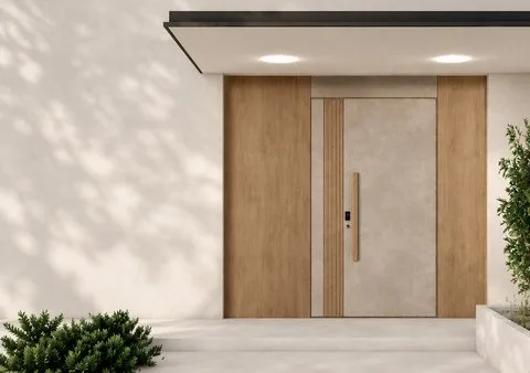 Dark grey aluminium entrance door with an integrated LED strip