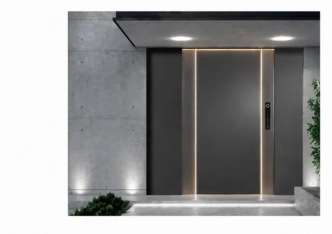 Aluminium entrance door with integrated LED lighting in a concrete surround