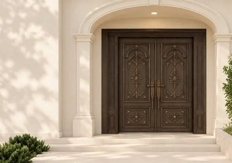 Relief-cast aluminium entrance door in a champagne finish