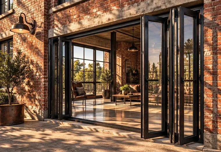 Folding glass door system with slim black frames