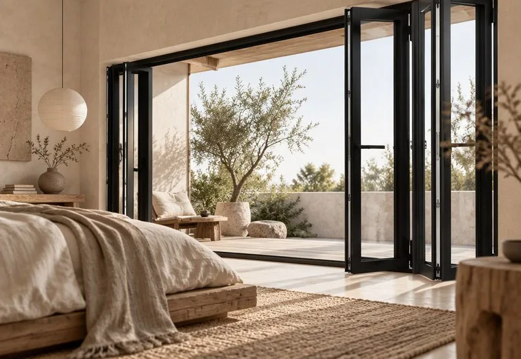 Black-framed folding glass doors opening onto a terrace