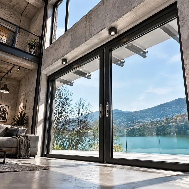 Sliding door system with slim frames in a minimalist interior