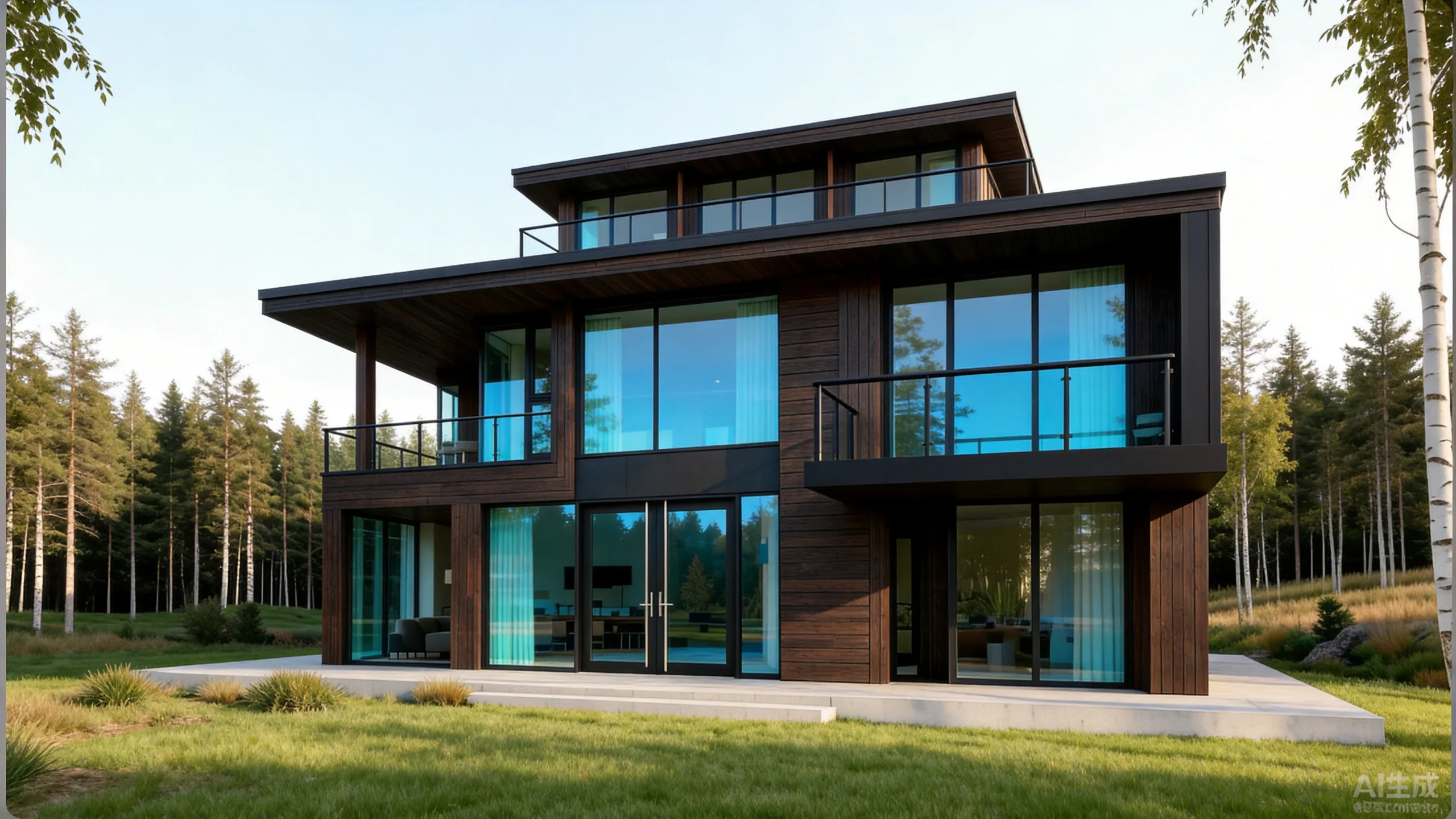 Modern house with large aluminium-framed glass doors and windows